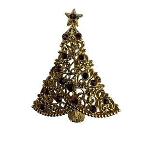Gold Tone Christmas Tree Brooch Red Rhinestones Holiday Jewelry Vintage Festive